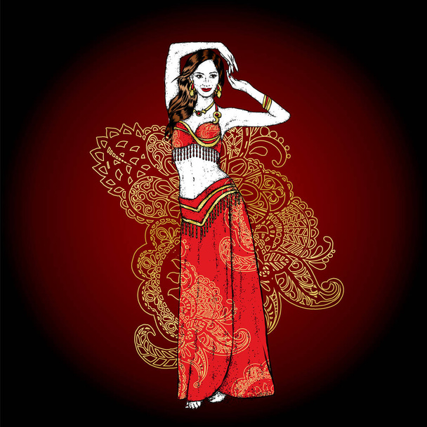 Beautiful Asian girl dancing. Vector illustration. Belly dance. East. - Вектор,изображение