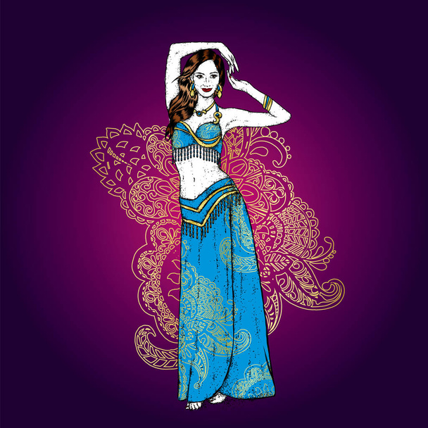 Beautiful Asian girl dancing. Vector illustration. Belly dance. East. - Vetor, Imagem