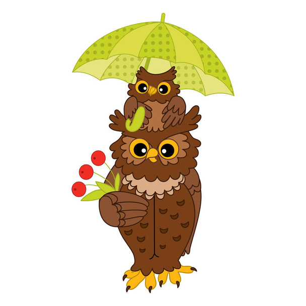 Vector Cute Cartoon Owls with Umbrella and Red Berries - Vector, imagen