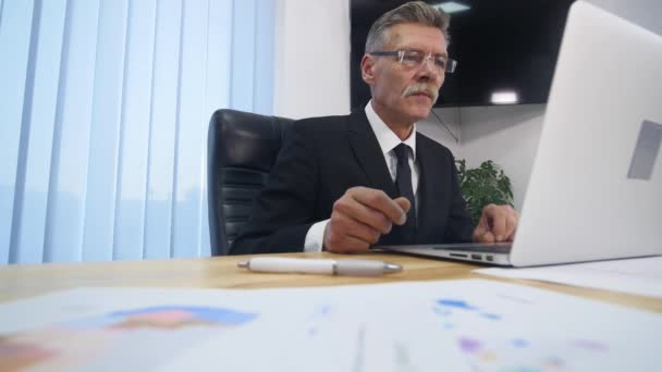 elderly businessman working with computer in modern office - Video, Çekim