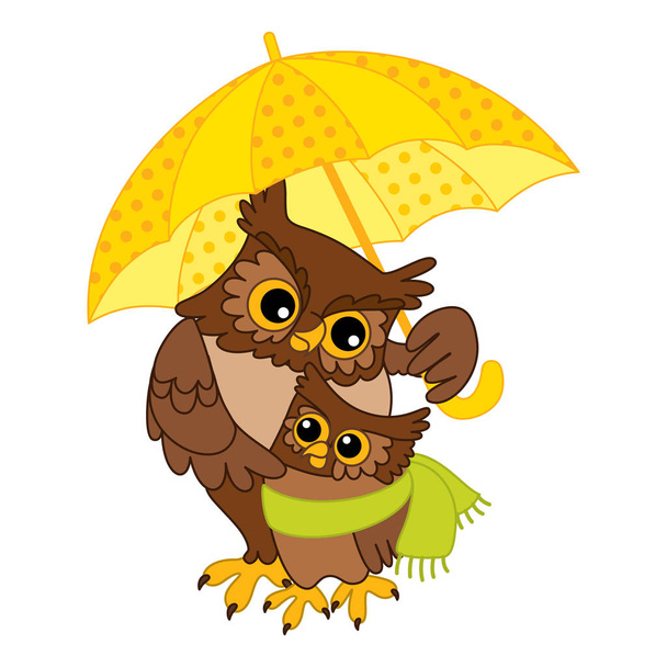 Vector Cute Cartoon Owls with Umbrella - Vektor, obrázek