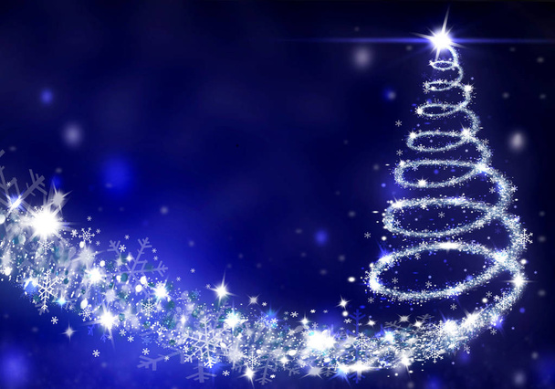 Christmas tree lights formed from stars background blue snow illustration  - Photo, Image