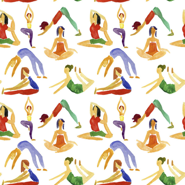 Bezešvé pozadí s praktikujícími joga pózy. Akvarel, ilustrace. - Fotografie, Obrázek