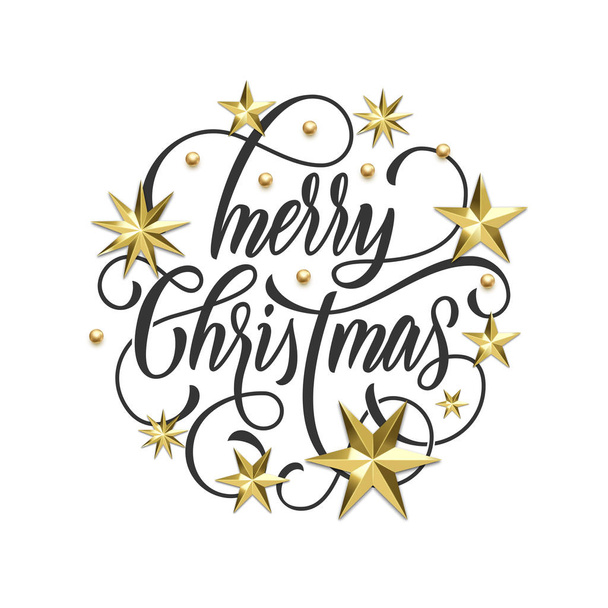 Merry Christmas golden decoration, hand drawn calligraphy font for greeting card or invitation on white background. Vector Christmas or New Year gold star and snowflake shiny winter holiday decoration - Διάνυσμα, εικόνα