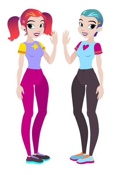 Teenager vectors girls with red and blue hair. Character . Isolated against white background. Build your own design. Cartoon flat-style vector illustration - ベクター画像