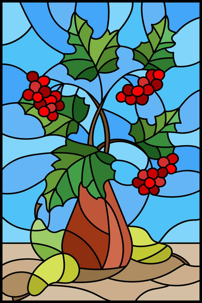 Ilustrace v vitráže stylu s zátiší, kytice poboček Kalina v keramické vázy a žluté hrušky na modrém pozadí - Vektor, obrázek