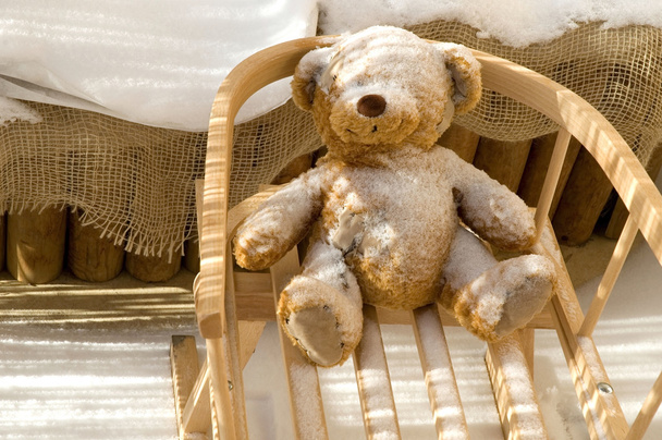 Teddy Bear toy and slide with snow covering - Photo, image