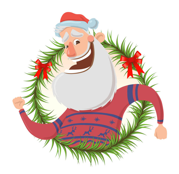 Vánoční přání s legrační Santa Claus, usmíval se a mával rukou. Santa v hello vlny svetr jelen. Izolované na bílém pozadí. Kulatý designový prvek. Kreslená postava vektorové ilustrace. - Vektor, obrázek
