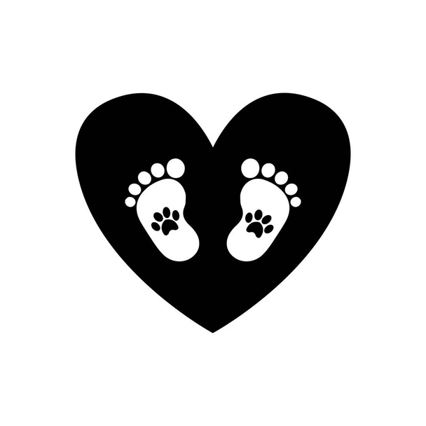 Huellas de bebé con huellas de mascotas dentro del corazón negro
 - Vector, Imagen