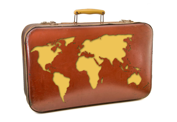 Vintage bőrönd, fehér háttér, az utazás a világ - Fotó, kép