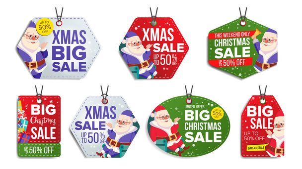 Christmas Theme Sale Tags Vector. Snowflakes Flat. Paper Hanging Stickers. Santa Claus. Holiday Discount Hanging Banners For Holiday Discount Promotion. Winter Illustration - Vector, Image