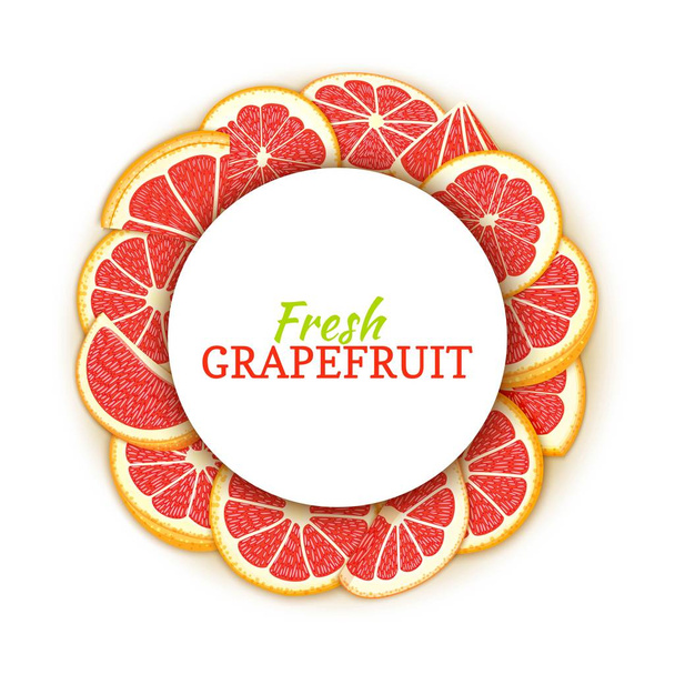 Round colored frame composed of tropical red grapefruit. Vector card illustration. Circle citrus pomelo citrus fruit frame for design of food packaging juice breakfast, cosmetics, tea, detox diet - Vector, Image
