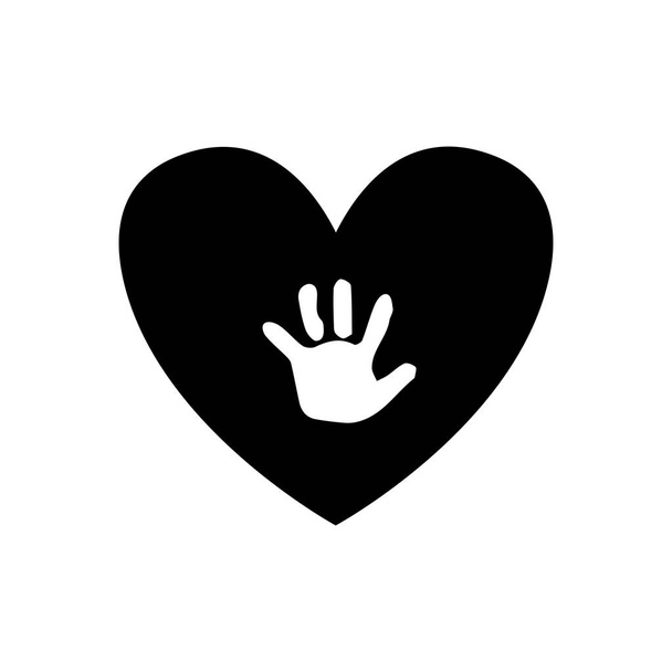 Baby handprint inside of black heart isolated on white backgroun - Vector, Image