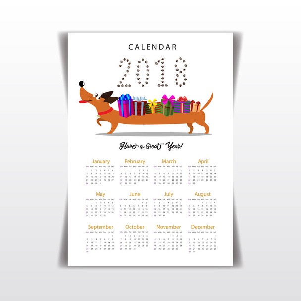 Calendario creativo 2018 con lindo dachshund de dibujos animados llevando regalo
 - Vector, Imagen