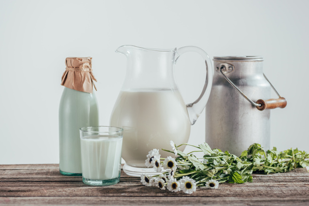 jugs, bottle and glass of milk - Photo, Image