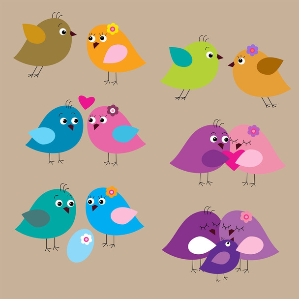 Seamless set with lovely enamored birds and chicks - Vector, afbeelding