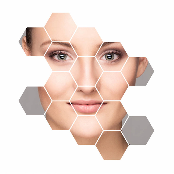 face of young woman in honeycombs - Photo, image