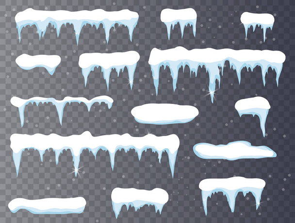 Conjunto de desenho animado elemento de design de neve sobre fundo transparente Neve icicles, boné de neve isolado. Elementos nevados no fundo do inverno. Modelo de vetor
 - Vetor, Imagem
