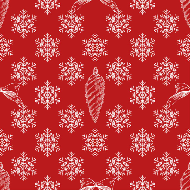 Vector illustration of Christmas pattern with white snowflakes on red background. - Vector, imagen