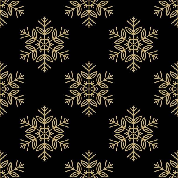 Christmas seamless pattern with golden snowflakes on black background. Vector illustration. - Vector, imagen