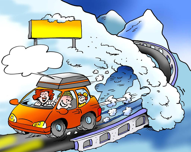 Kreslený obrázek z rodiny na lyžařský výlet s zbrusu nové zimní pneumatiky vybaveny - Fotografie, Obrázek