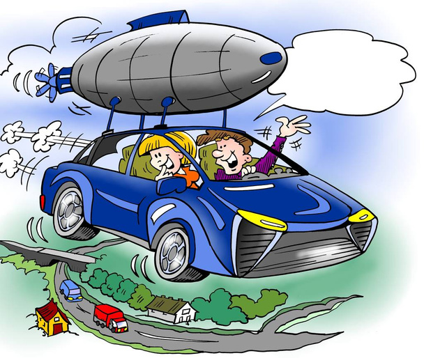 Dibujos animados ilustración de una familia ha comprado equipo adicional para su nuevo coche híbrido
 - Foto, Imagen