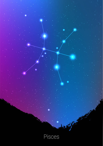 Pisces zodiac constellations sign with forest landscape silhouette on beautiful starry sky with galaxy and space behind. Pisces horoscope symbol constellation on deep cosmos background. Card design - Вектор, зображення