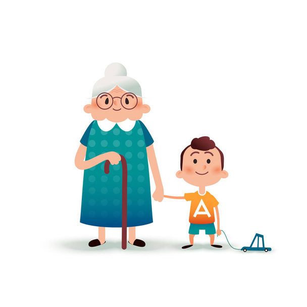 Grandmother and grandson holding hands. Little boy with a toy car and old woman cartoon vector illustration. Happy family concept. Cartoon vector flat illustration. - Vector, Image