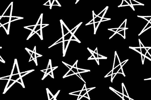 Seamless pattern with white hand drawn abstract stars on black background, vector. Elements are hidden under mask, not cut off. Swatch is in the panel - Vector, afbeelding