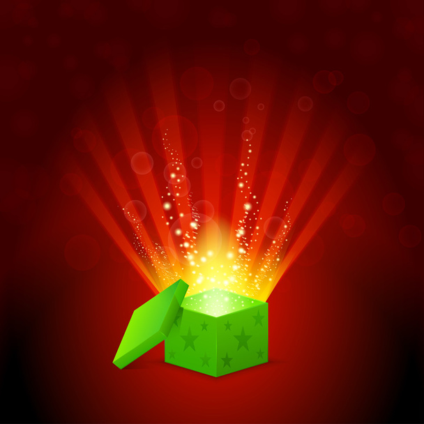 красиве чарівне світло, що сяє з зеленої подарункової коробки
 - Вектор, зображення
