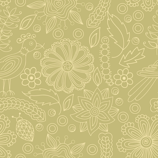 Vector seamless pattern with abstract floral elements, insects and birds. Elements are hidden under mask, not cut off. Contour is smooth. Swatch is in the panel. Perfect for wallpaper, textile print - Vektör, Görsel