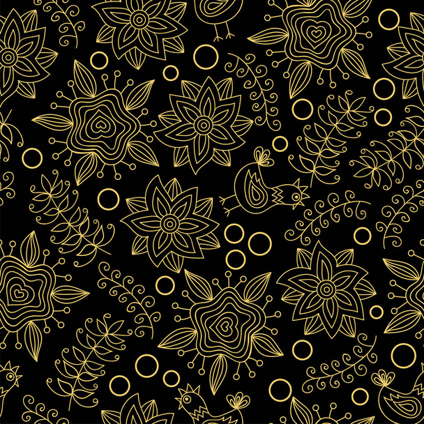Vector floral pattern in doodle style with flowers and branches. Hand-drawn floral elements on black background. - ベクター画像