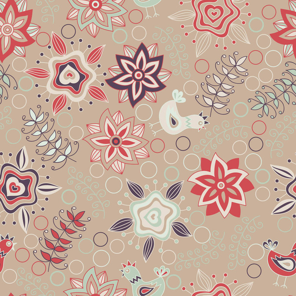 Seamless pattern with flowers, birds and insects. Endless floral pattern, hand-drawn colorful elements on brown background, vector. Elements are not cropped and hidden under mask  - Вектор,изображение