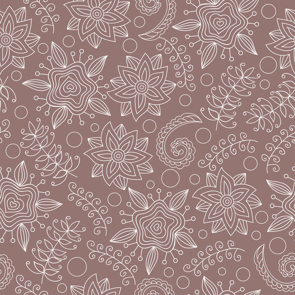 Seamless pattern with flowers and birds. Endless floral pattern, hand-drawn elements on brown background, vector. All elements are not cropped and hidden under mask.  - Вектор, зображення