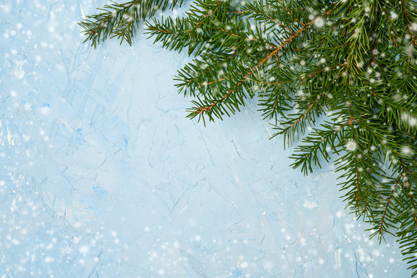 Karácsonyi fenyő fa brancesh a kék háttér. Másol hely, hó textúra - Fotó, kép