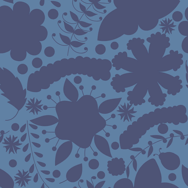 Vector seamless pattern with silhouettes of abstract floral elements in blue colors. Elements are hidden under mask, not cut off. Perfect for wallpaper, textile print. - Vektör, Görsel