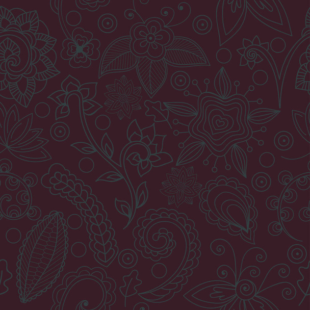 Green pattern on burgundy background. Hand-drawn floral and indian elements, seamless pattern, vector - Vektör, Görsel
