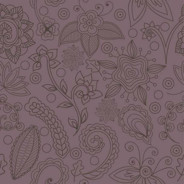Grey pattern on dark violet background, seamless floral pattern, vector. Seamless pattern with flowers and indian elements. Endless floral pattern, hand-drawn. Perfect for wallpapers, textile print - Vektör, Görsel