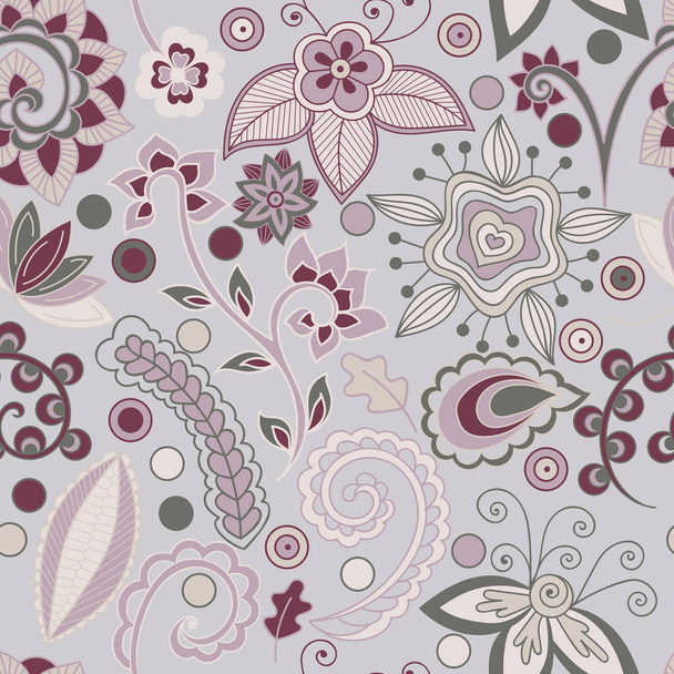 Abstract hand-drawn flowers on grey background, seamless pattern, vector. Hand-drawn vector flowers and branches in delicate colors. All elements are not cropped and hidden under mask  - Vettoriali, immagini