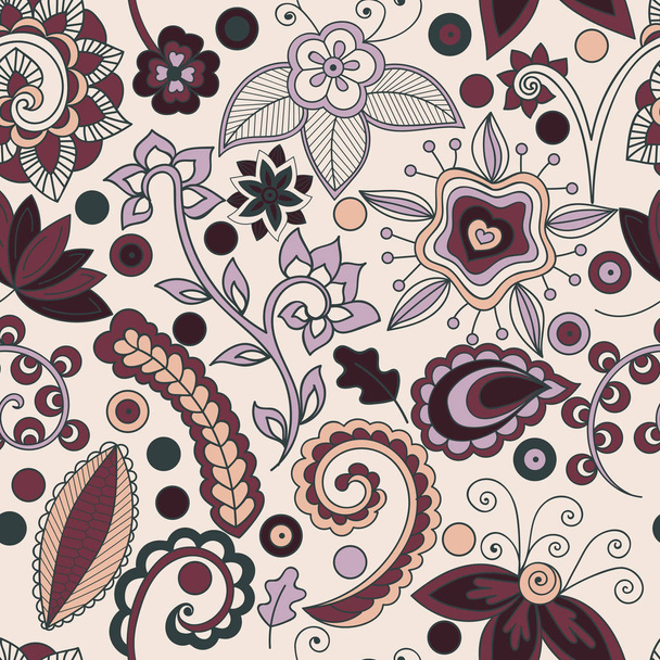 Hand-drawn indian and floral elements, vector. Seamless pattern. All elements are not cut off and hidden under mask. Contour is pure and smooth  - Вектор,изображение