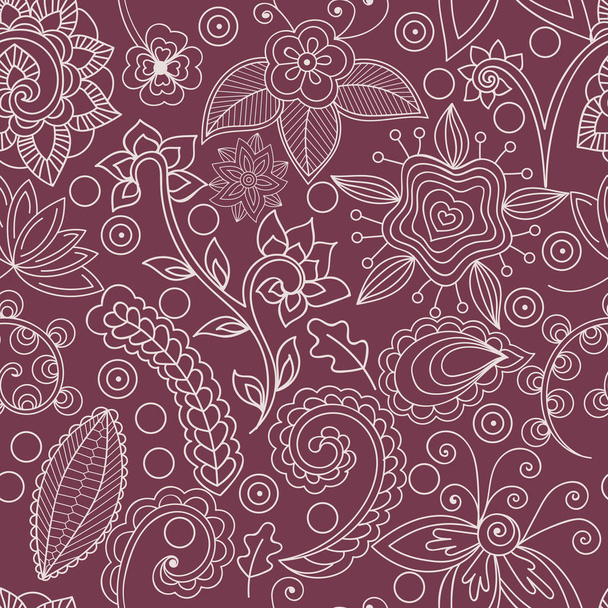 Hand-drawn abstract floral elements on dark pink background, vector. Seamless pattern in indian style. Elements are not cut off and hidden under mask. - Vector, afbeelding
