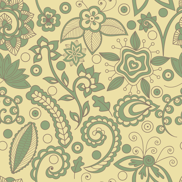 Vector seamless pattern with hand drawn indian and floral elements. Contour is smooth.  There is a swatch in the panel. All elements are not cut off and hidden under mask - Вектор, зображення