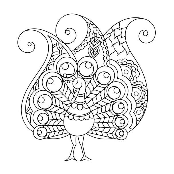 Hand drawn abstract peacock in indian style, contour black drawing on white background, vector. Coloring book page - Вектор,изображение