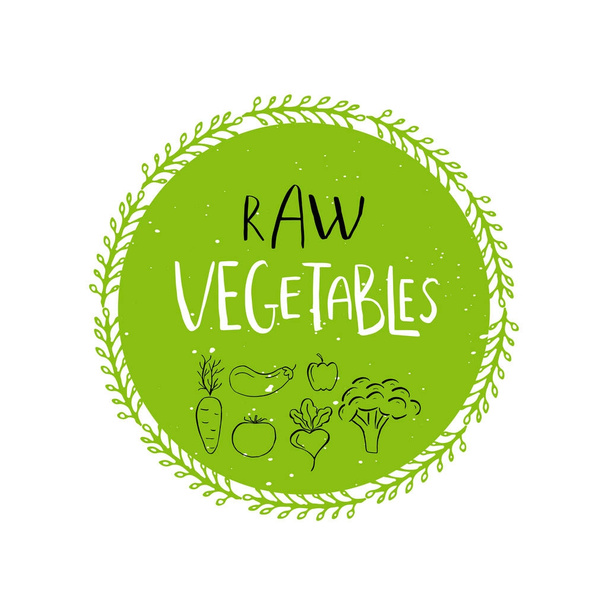 Vector round eco, bio green logo or sign. Vegan, raw, healthy food badge, tag for cafe, restaurants, packaging. Hand drawn circle, leaves, plant elements with lettering. Organic design template. - Vector, Image