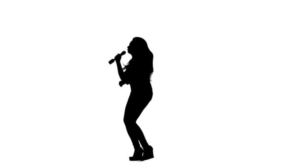 Actress in a retro microphone sings a rock song. White background. Silhouette - Video