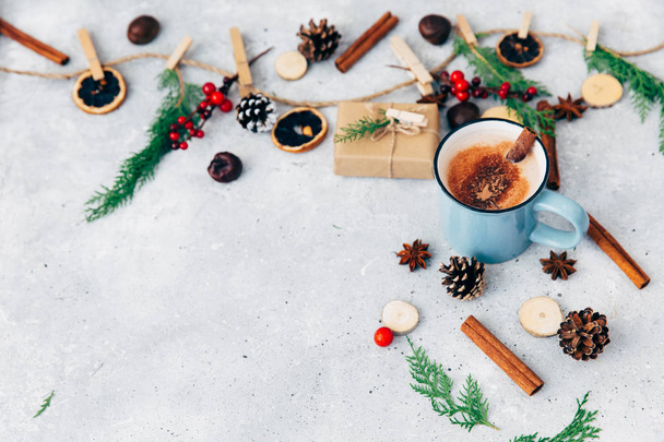 Hot chocolate. Christmas composition over vintage background  - Фото, зображення