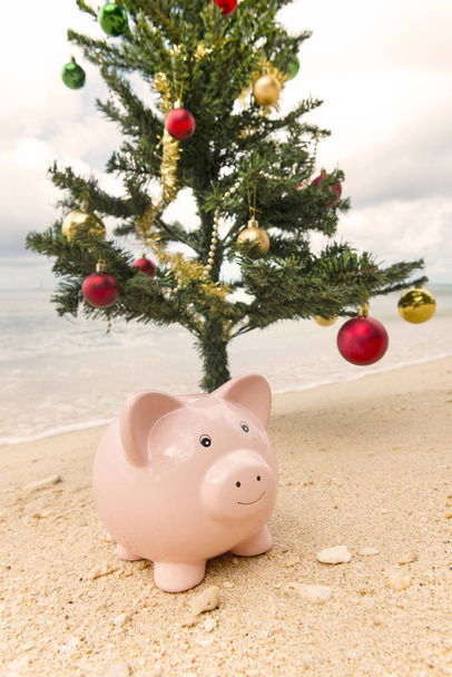Ροζ γουρουνάκι Τράπεζα κάτω από το χριστουγεννιάτικο δέντρο από την ακτή της θάλασσας - Φωτογραφία, εικόνα