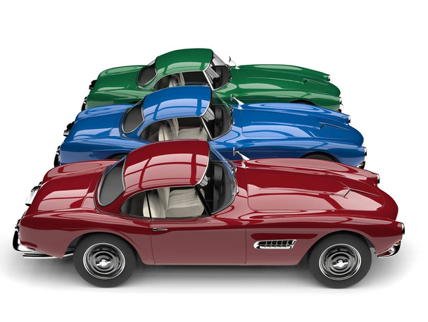 Πανέμορφο vintage σπορ αυτοκίνητα σε μεταλλικό κόκκινο, πράσινο και μπλε - top-down πλαϊνή όψη - Φωτογραφία, εικόνα