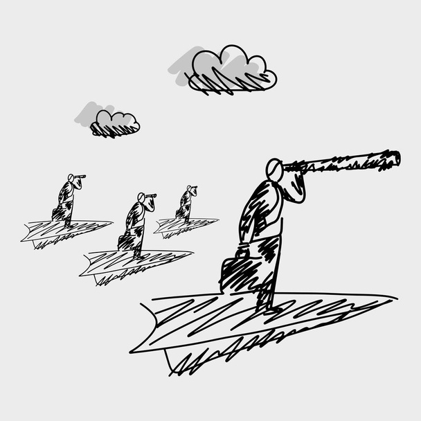 Businessman on the paper airplane with longer telescope searching for opportunities vector illustration doodle sketch hand drawn with black lines isolated on gray background. Business concept. Editable artwork. - Vector, Image