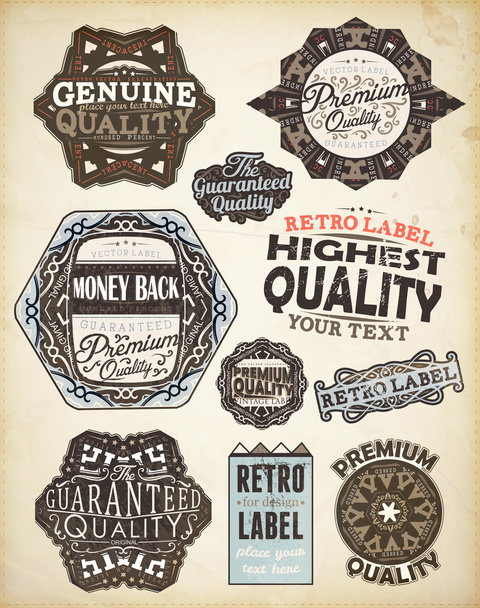 Vector set of calligraphic design elements: page decoration, Premium Quality, Genuine and Highest Quality Labels Old paper texture with dirty footprints of a cup of coffee. - Vector, afbeelding